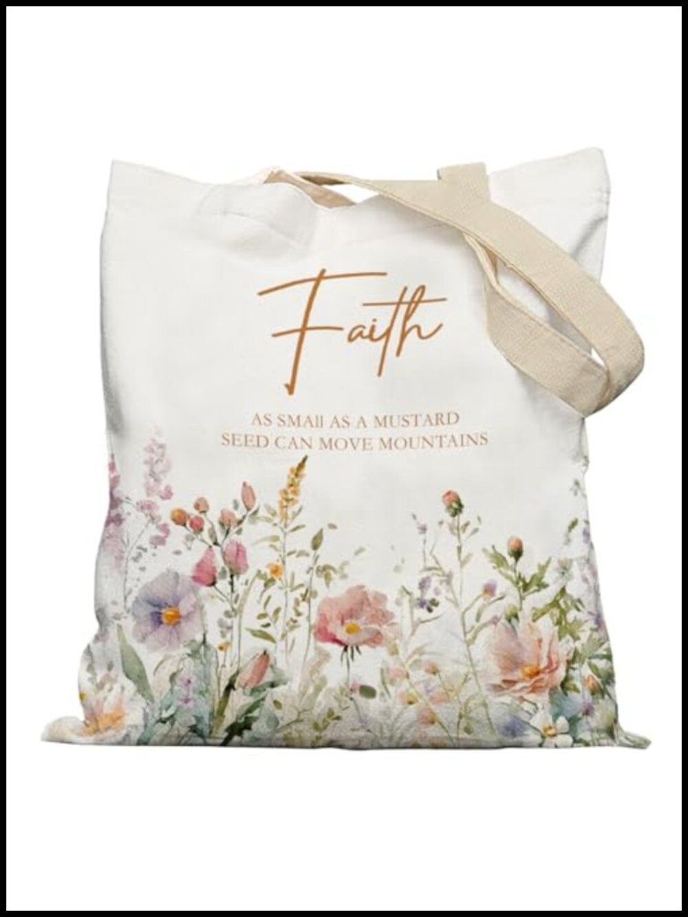 Christian Floral Canvas Tote Bag Faith Mustard Seed Bible Verse Reusable